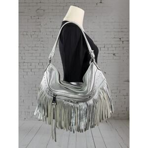 Aimee Kestenberg Silver Leather Fringe Hobo Shoulder Bag | Boho Western Cowgirl